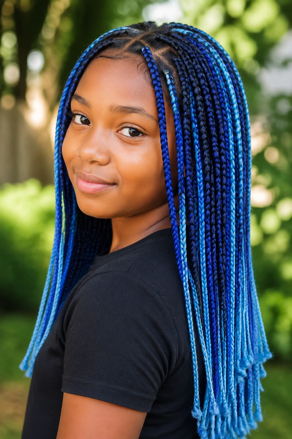 Close-up of a person with mixed blue shades box braids showing depth