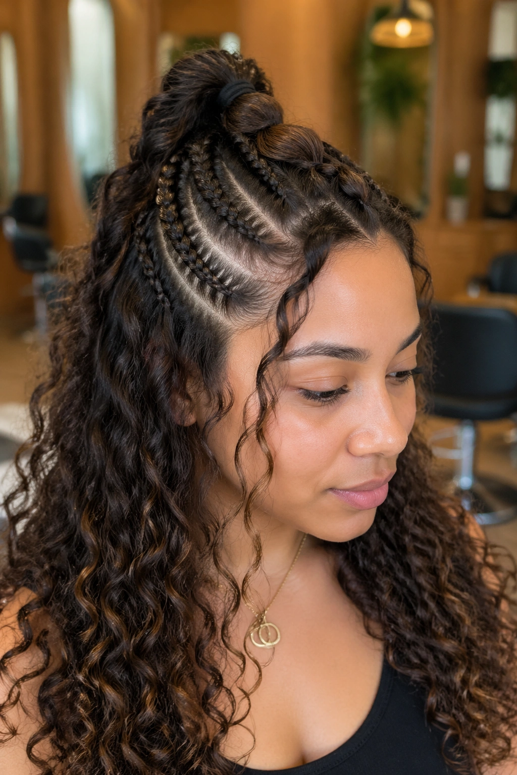 Close-up portrait of a real woman with mixed cornrows transitioning into a bubble half-up