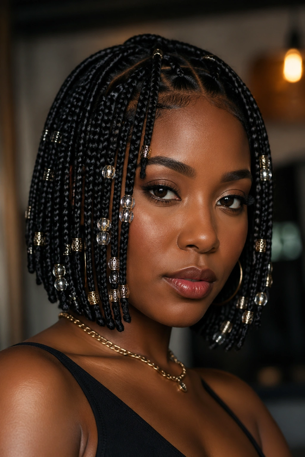 Close-up of real person with statement bob featuring mixed metals and crystal-look beads