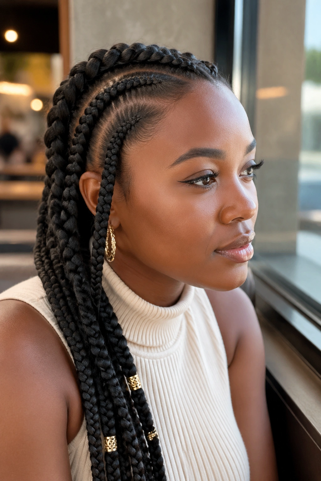 Close-up of a real woman with mixed-size goddess braids around her head