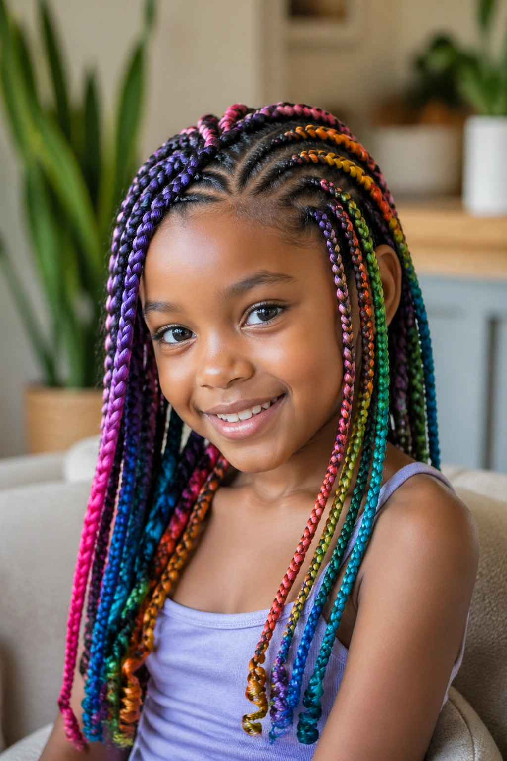 Close-up of real child with mixed-size rainbow box braids showing movement