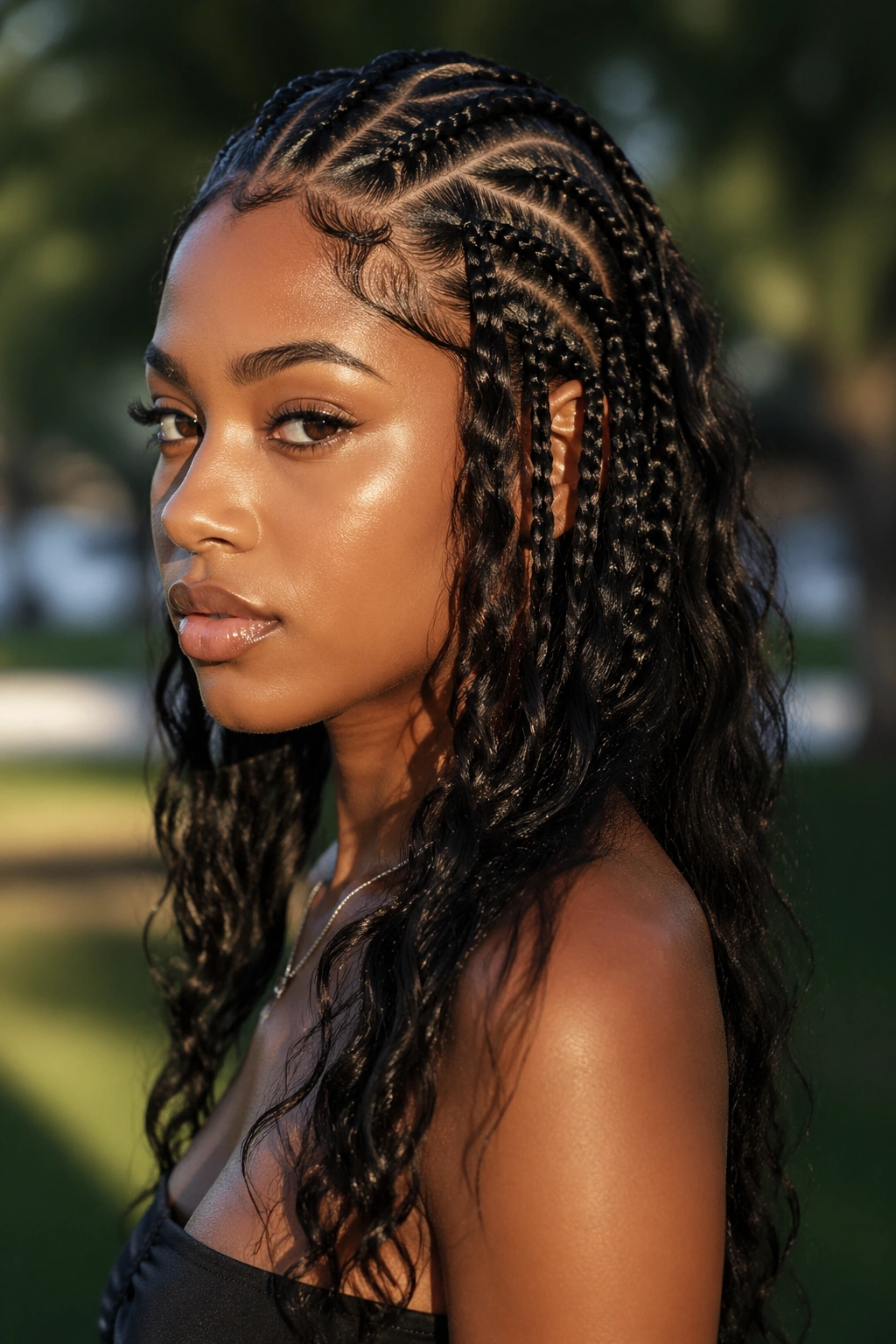 Close-up of a real woman with textured braids ending in soft waves outdoors