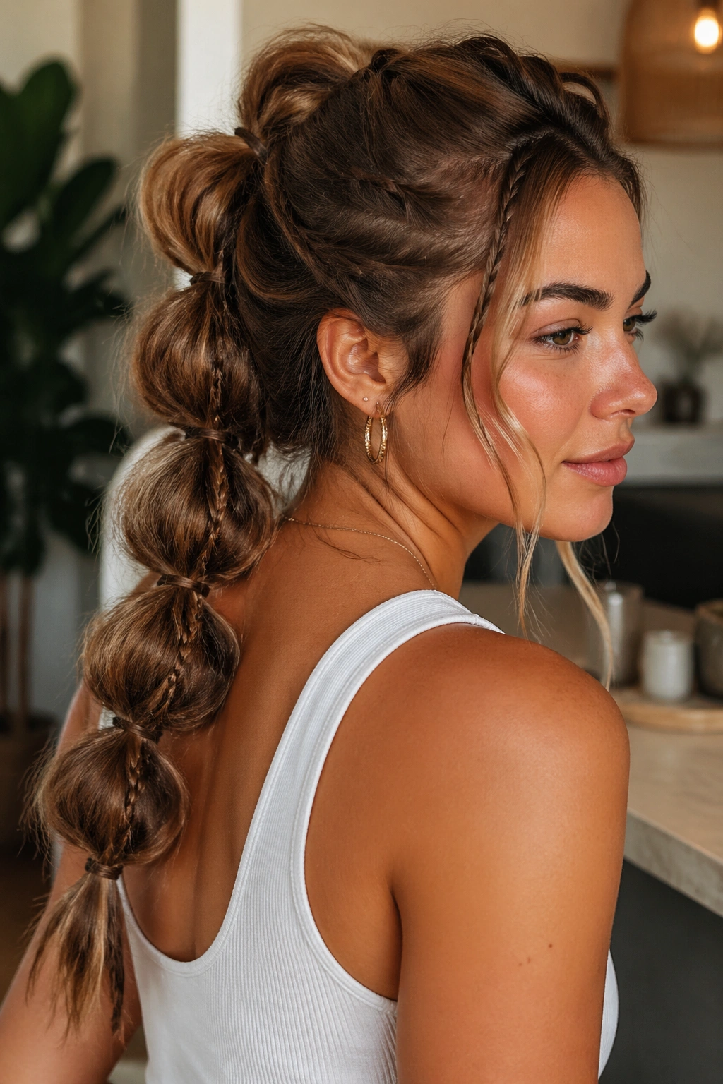 Portrait of a real person with a bubble braid including micro braids peeking through