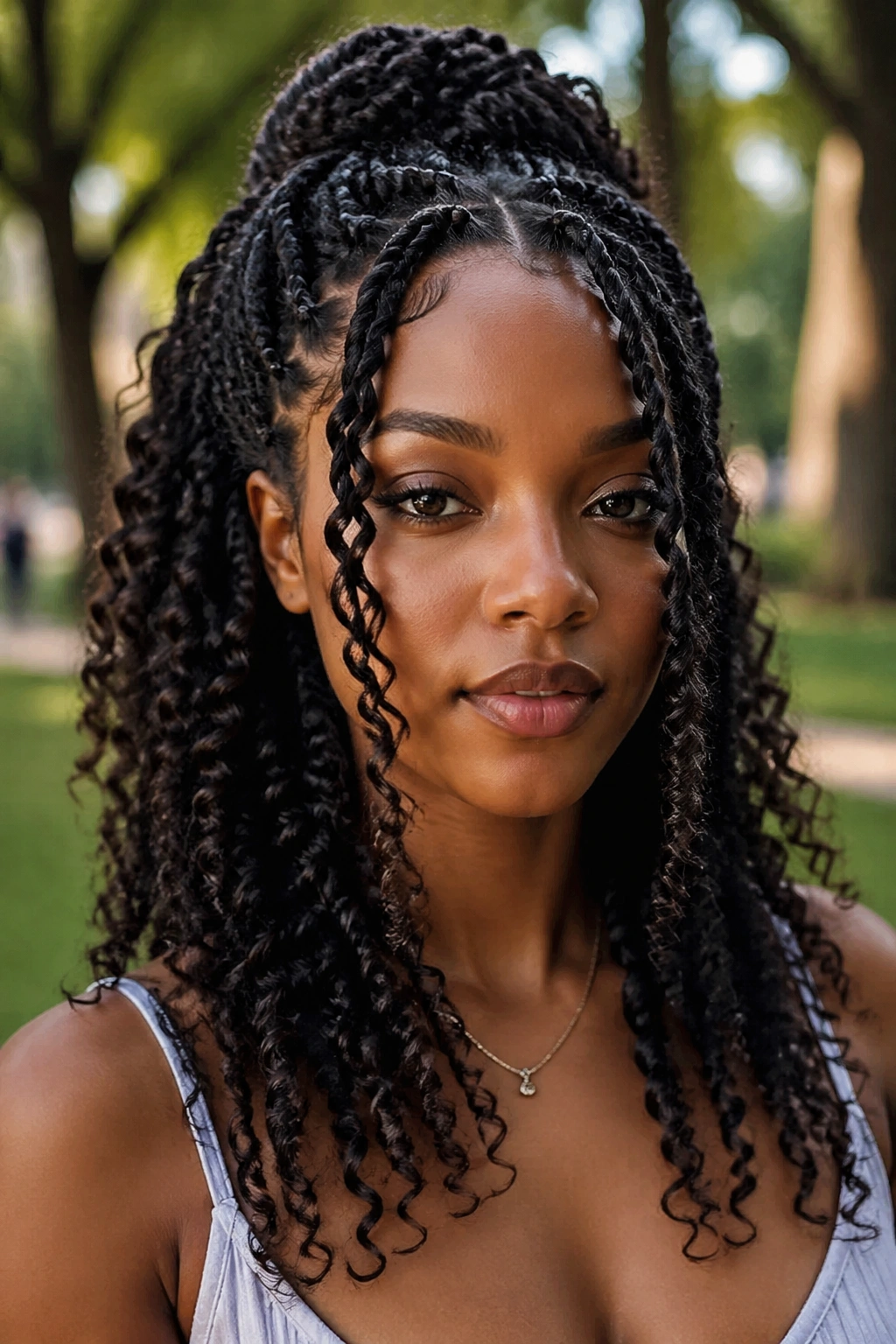 Close-up portrait of a real woman with mixed-texture crochet braids featuring curls and twists