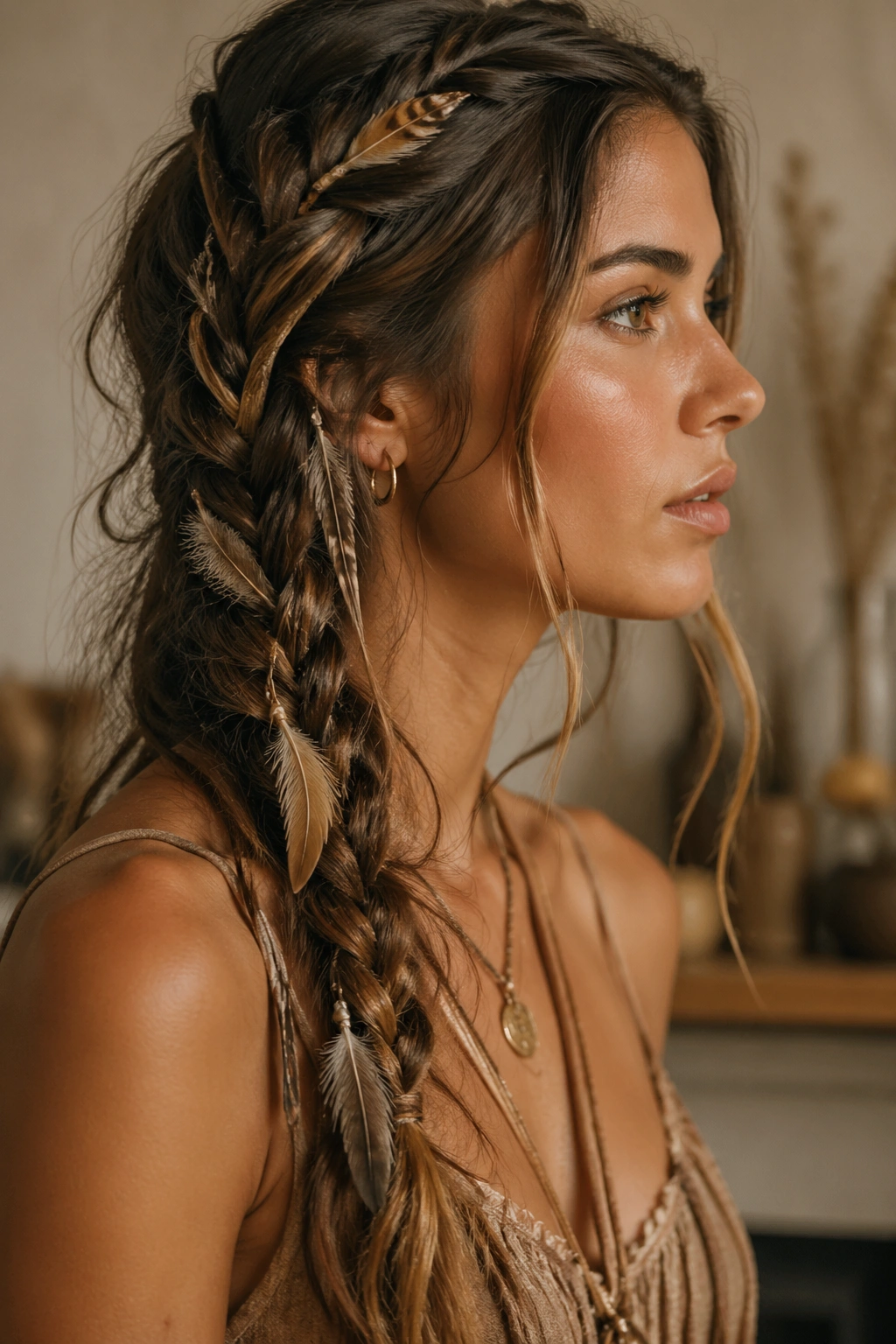Close-up of a real person wearing a mixed-texture feather braid with braided, twisted, and wavy sections