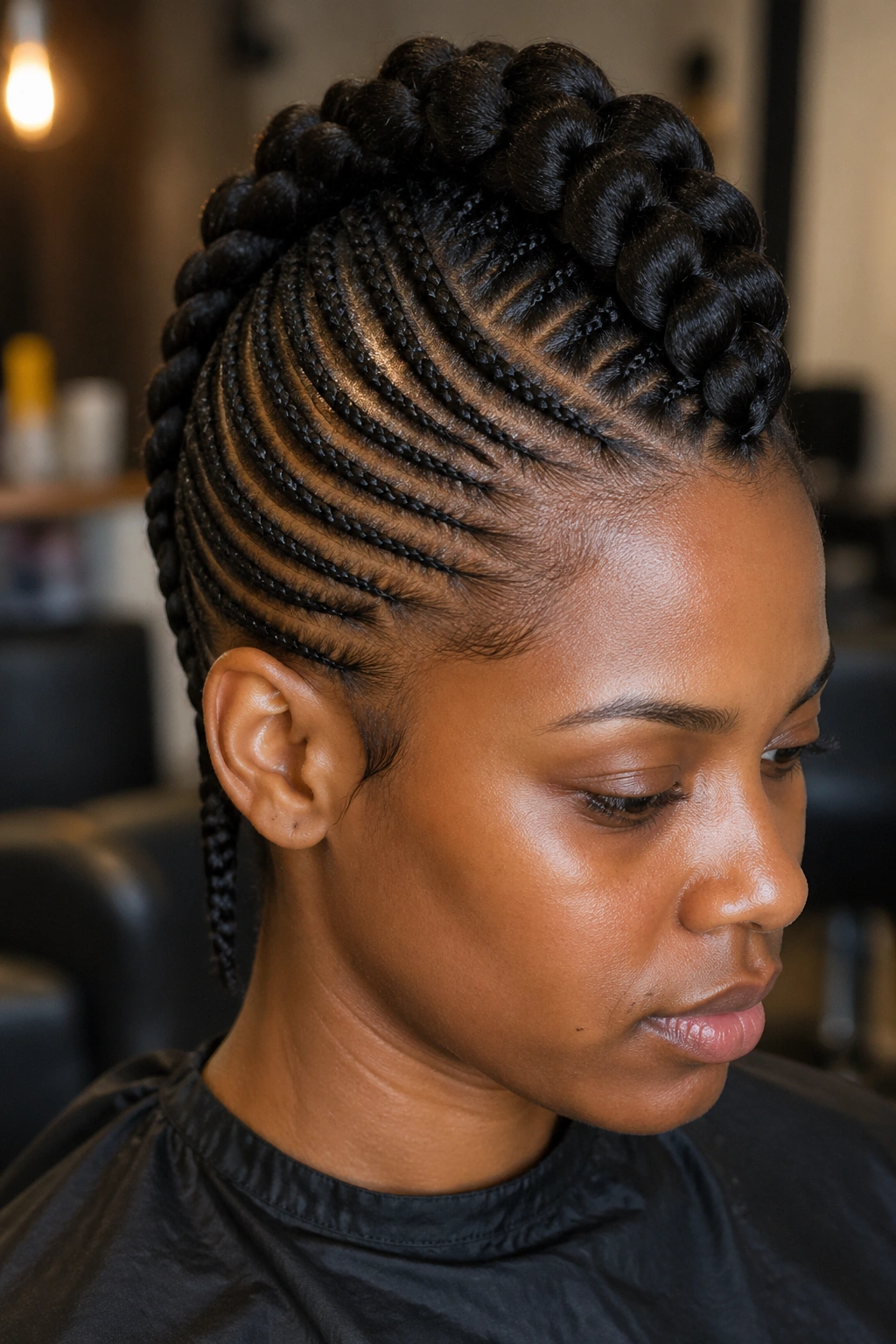 Close-up of a real Black woman with mixed-thickness mohawk braids in a warm salon setting.
