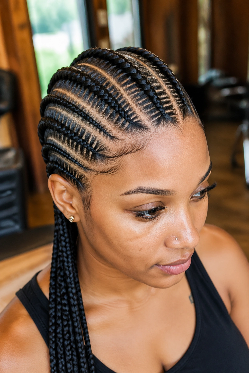 Close-up of tribal cornrows with mixed widths on a real woman