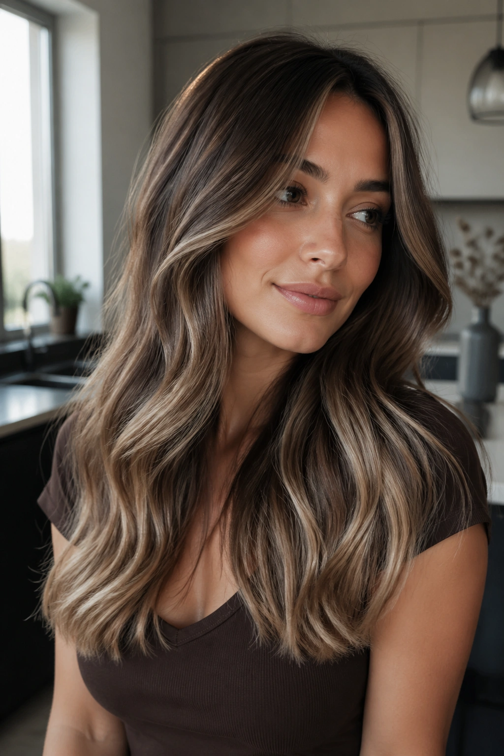 Close-up of mocha brown hair with creamy beige caramel ribbons