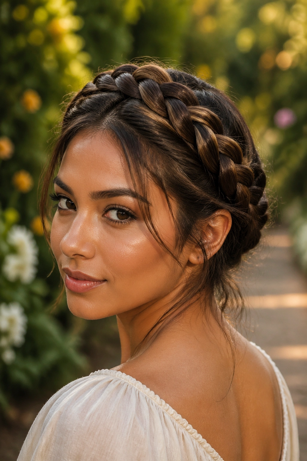 Close-up portrait of a woman wearing a mocha brown braided crown in garden light