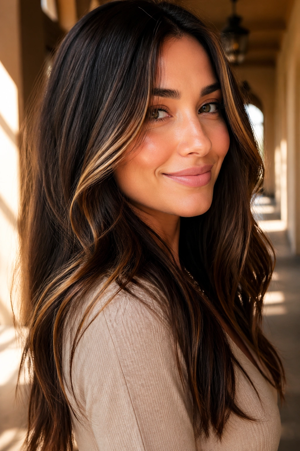 Close-up real woman with mocha brown hair and caramel ribbons