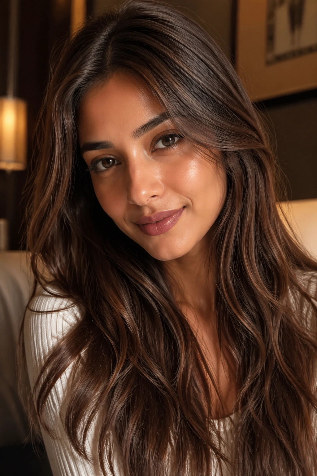 Close-up portrait of mocha brown hair in a warm indoor setting