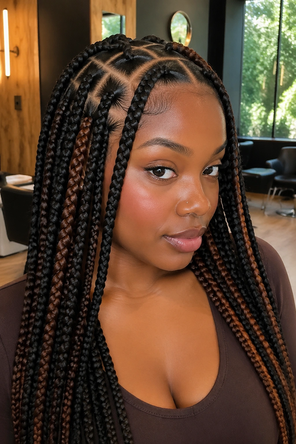 Close-up of a real woman with mocha brown knotless box braids in large parts in a sunlit salon