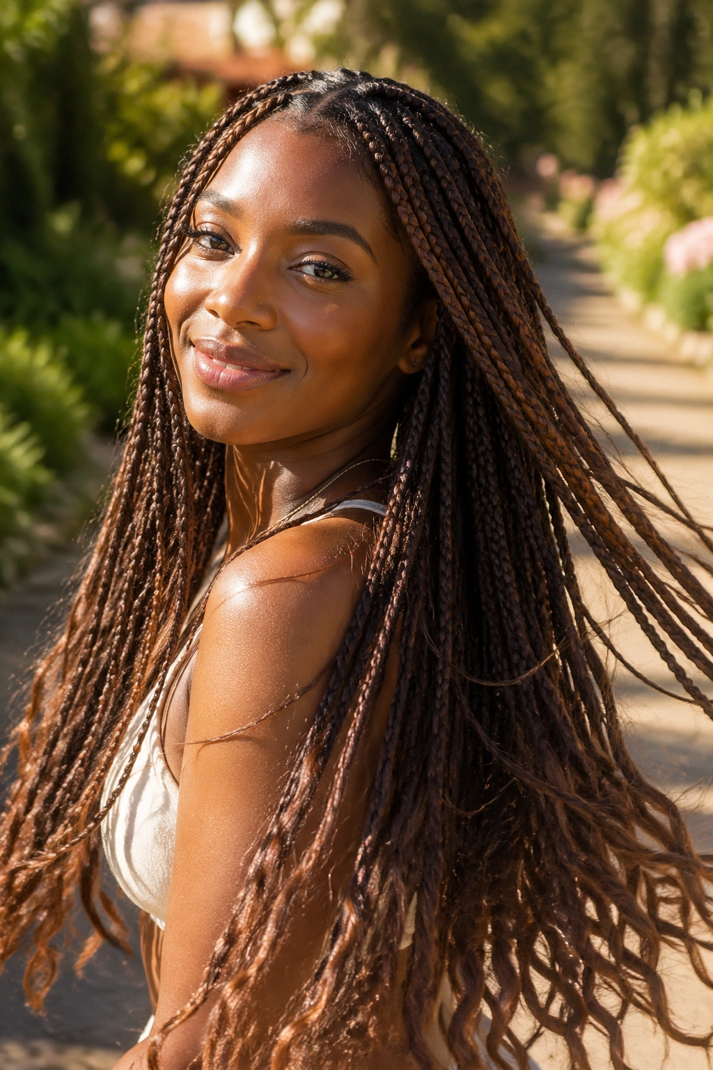 Portrait of real woman with mocha brown waist-length knotless braids