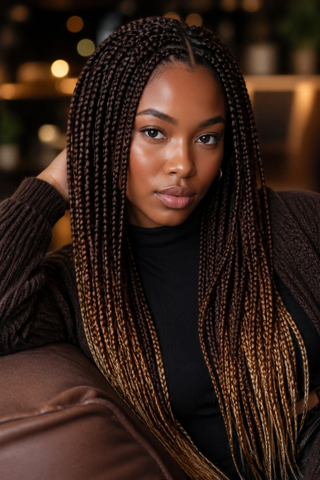 Portrait of a real woman with mocha, chestnut, and gold ombré knotless braids