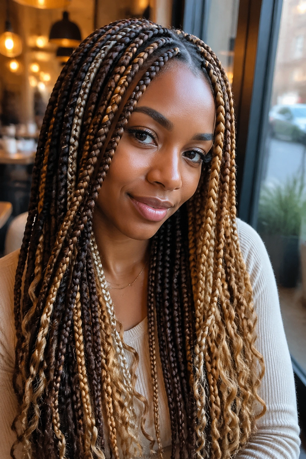 Close-up of alternating mocha and honey braids around the face
