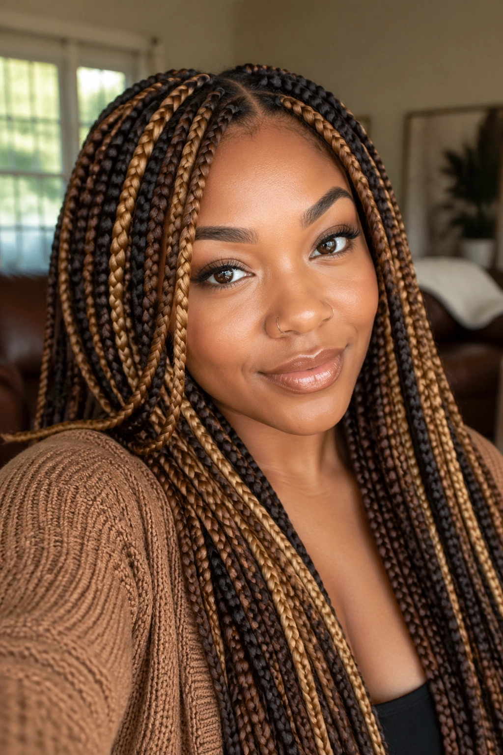 Close-up portrait of mocha and honey-toned box braids on a real person.