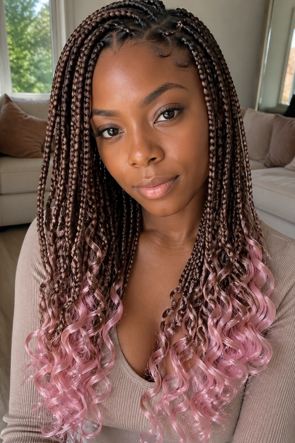 Mocha knotless braids with blush pink curly ends on a real person