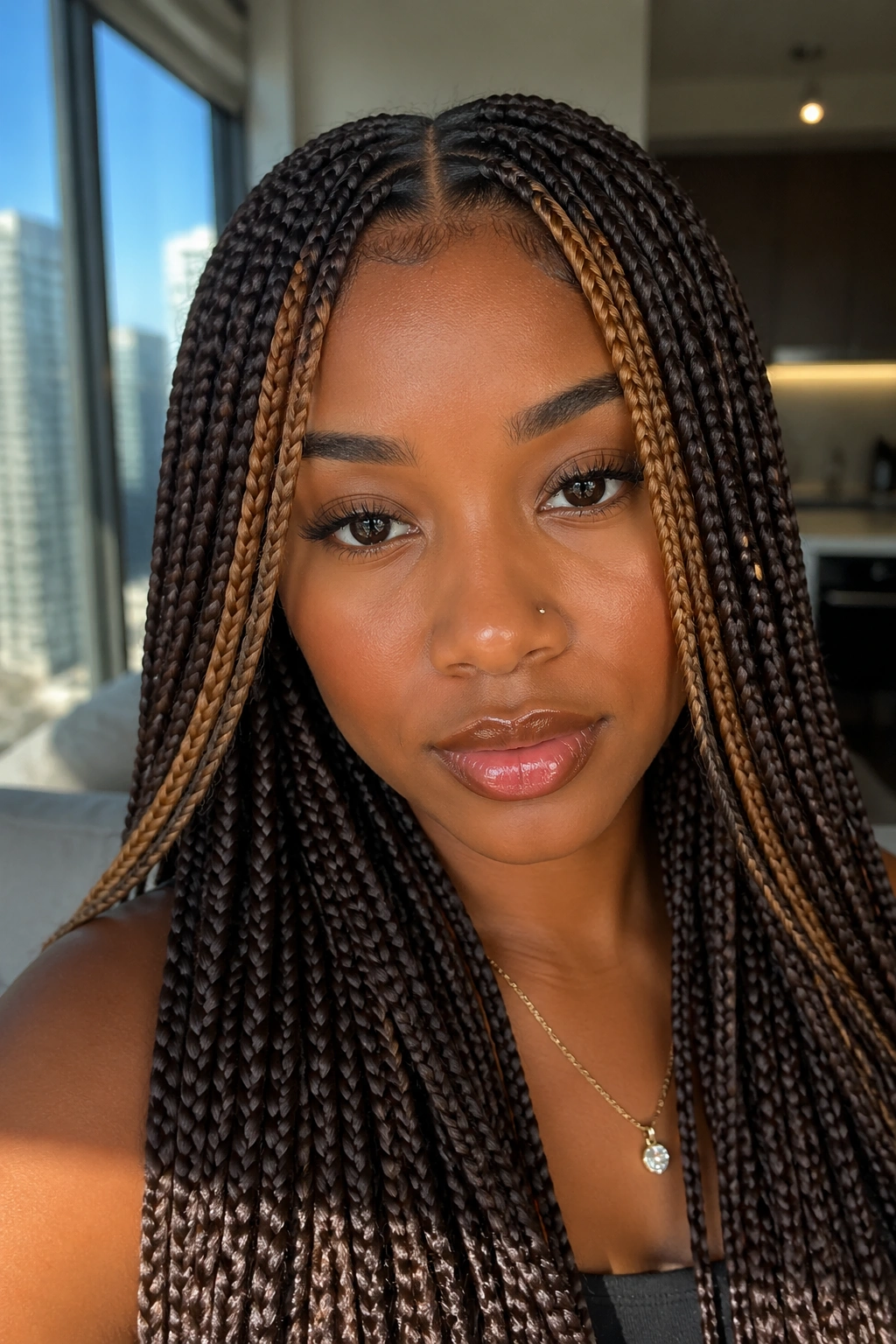 Close-up of a real woman with mocha knotless braids and caramel face-framing pieces