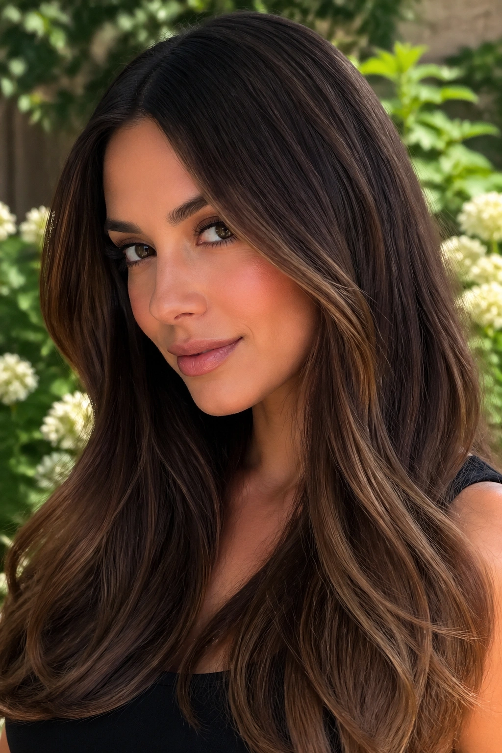 Close-up of a real woman with Mocha Melt gradient hair.