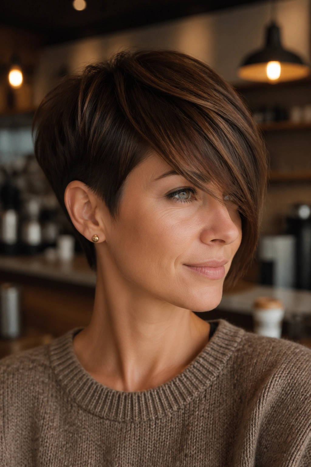 Real woman with a tapered mocha pixie and long fringe across the face.