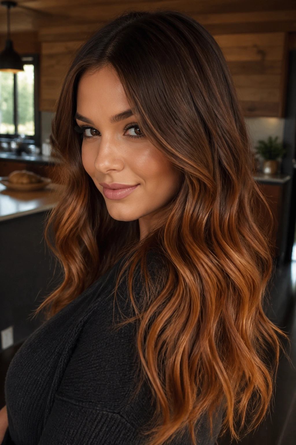 Close-up of mocha to pumpkin spice ombre on a real woman in warm kitchen light