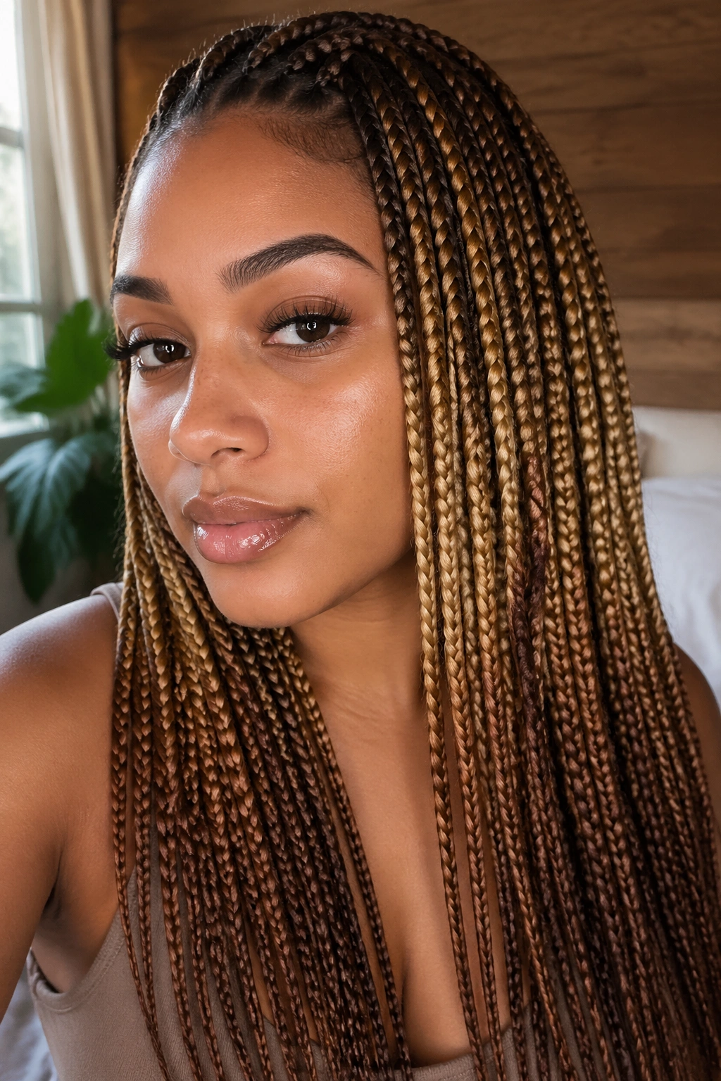 Close-up of a real woman with three-tone braids (mocha roots, honey blonde mids, soft brown ends).