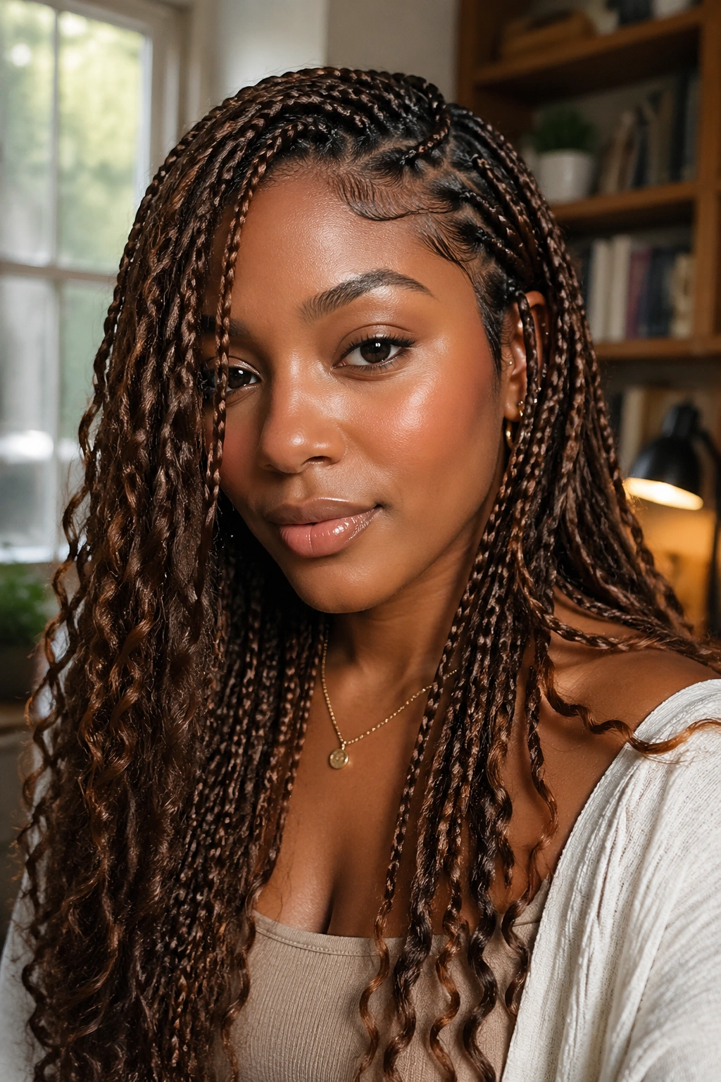 Close-up of a real woman with mocha brown side-part boho box braids