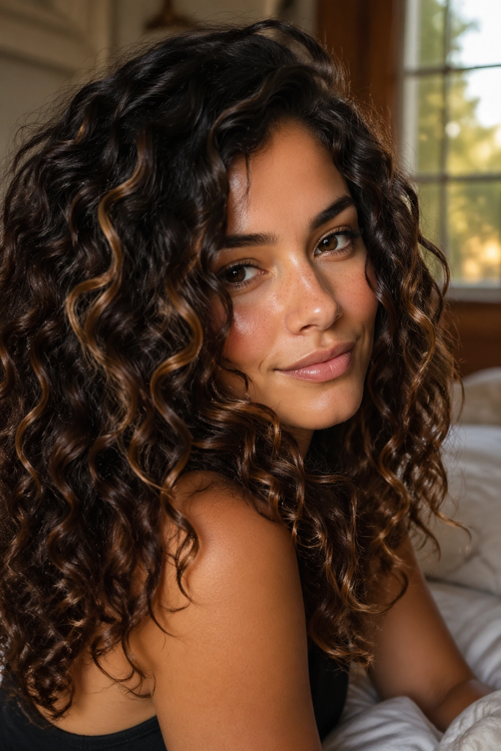 Close-up of a real woman with mocha swirl curls balayage on dark brown hair in natural light