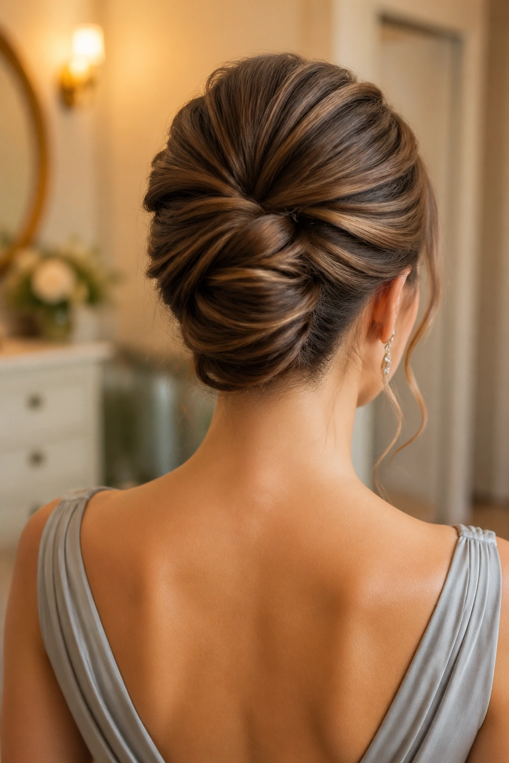 Back view of real woman wearing a soft-volume modern French twist