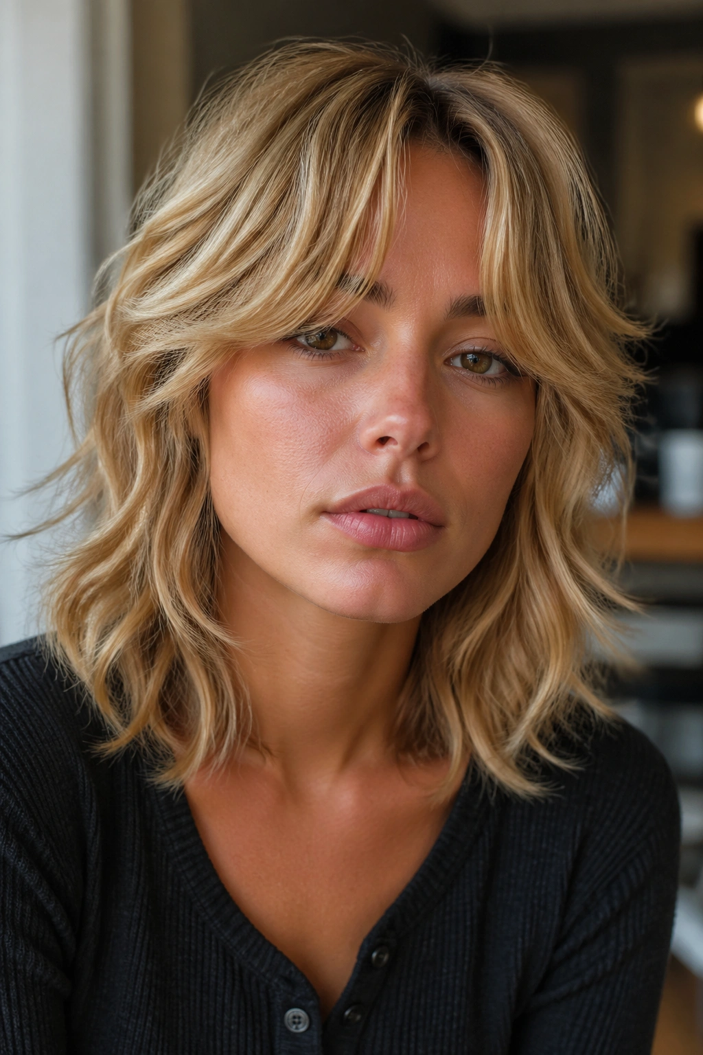 Portrait of a woman with modern honey shag hairstyle