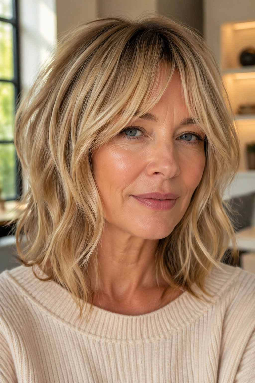 Portrait of real woman with modern midi shag dimensional blonde lighting