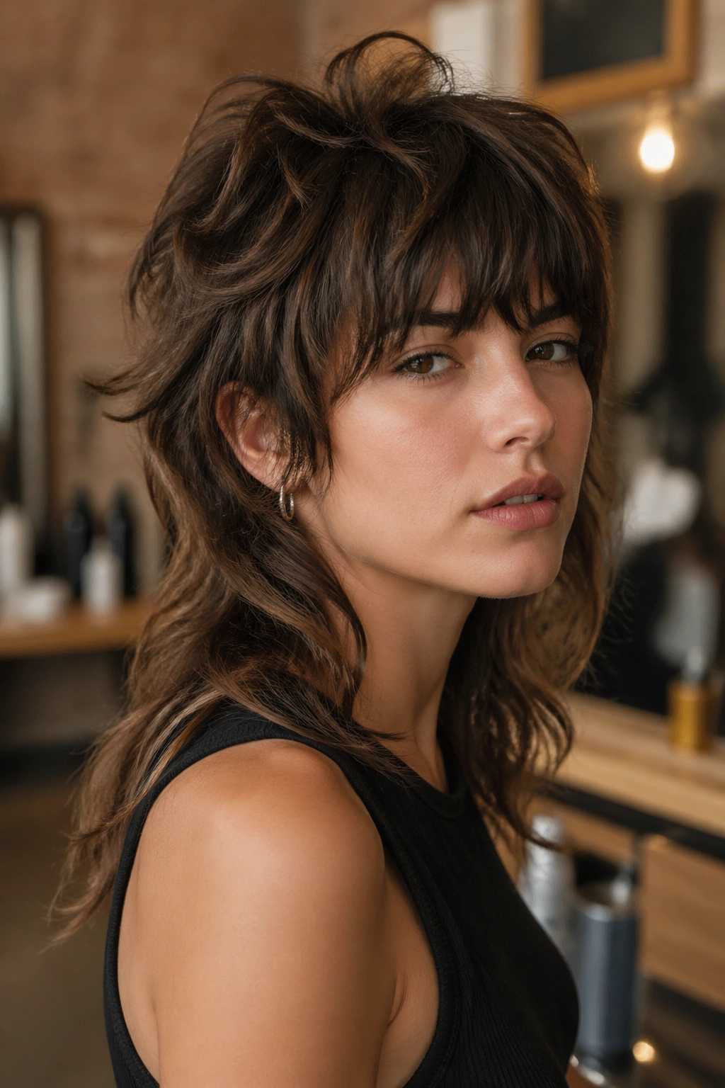 Close-up portrait of modern mullet shag on a real person