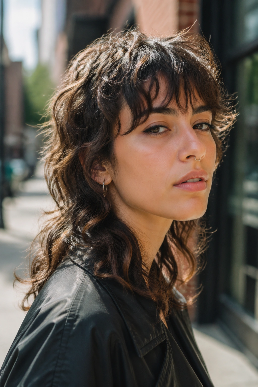 Close-up of a real person with a modern wavy mullet and wispy bangs in an urban outdoor setting
