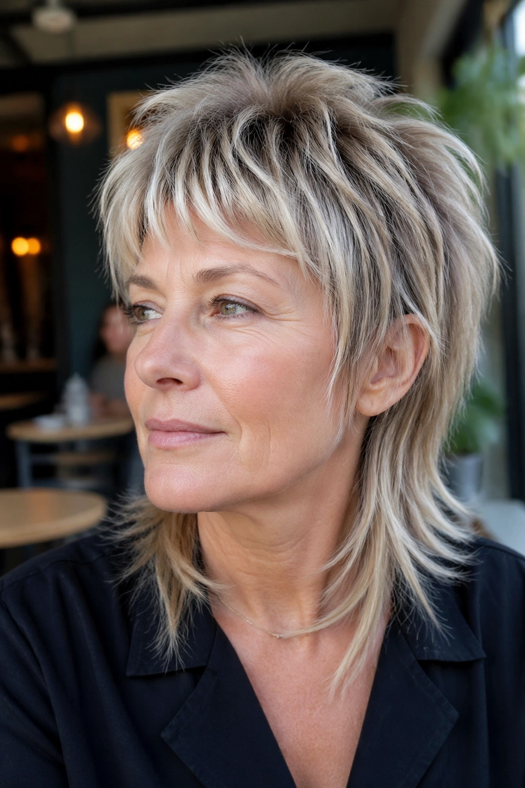 Real woman with modern razor mullet and soft edges in cafe-like lighting.