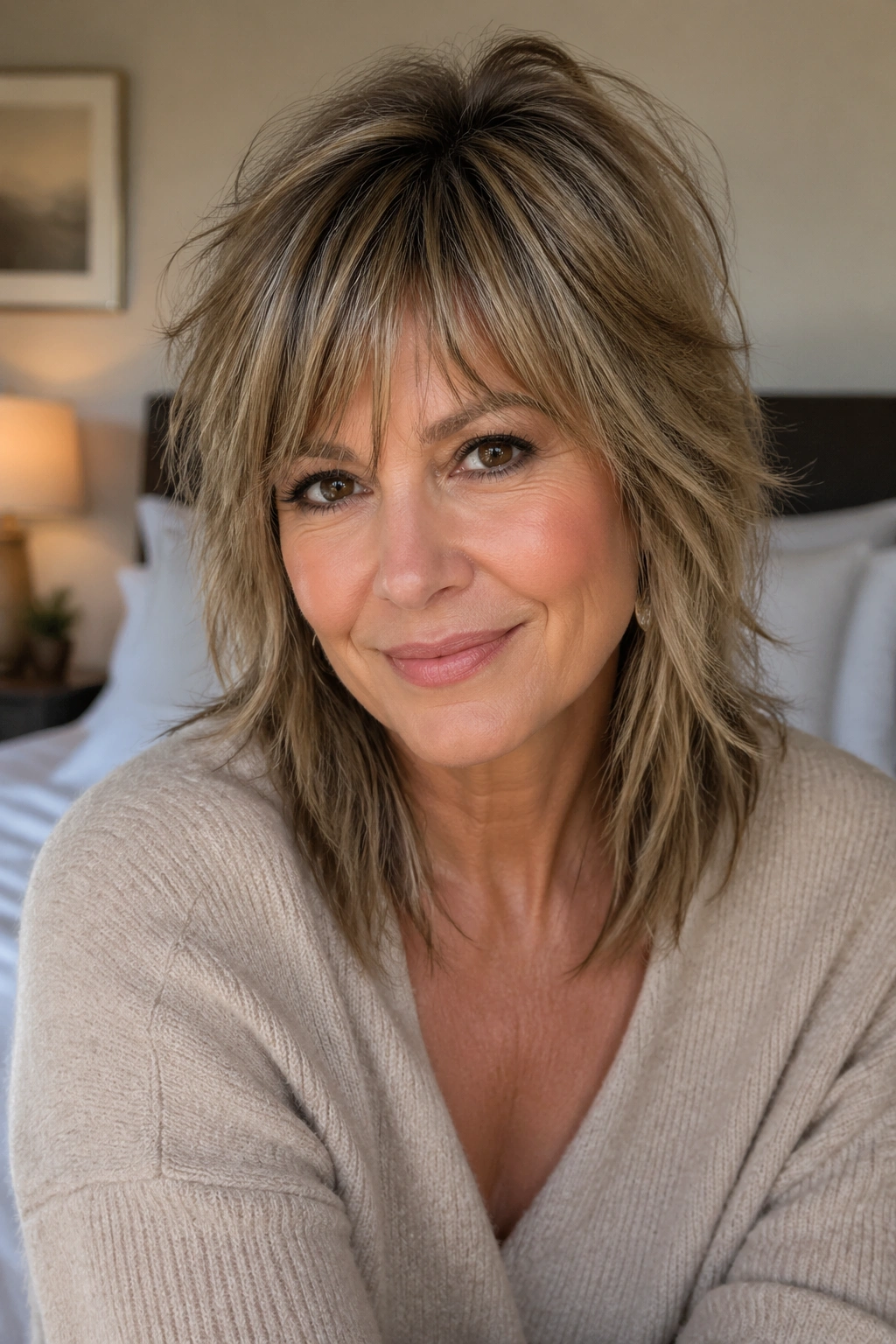 Portrait of a real woman with a modern shag hairstyle, layered crown and wispy fringe in natural window light.