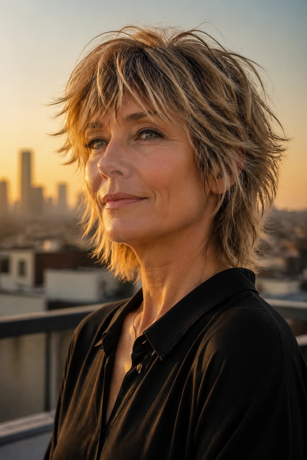 Close-up of a real woman with modern shag and soft mullet edge in rooftop golden hour light