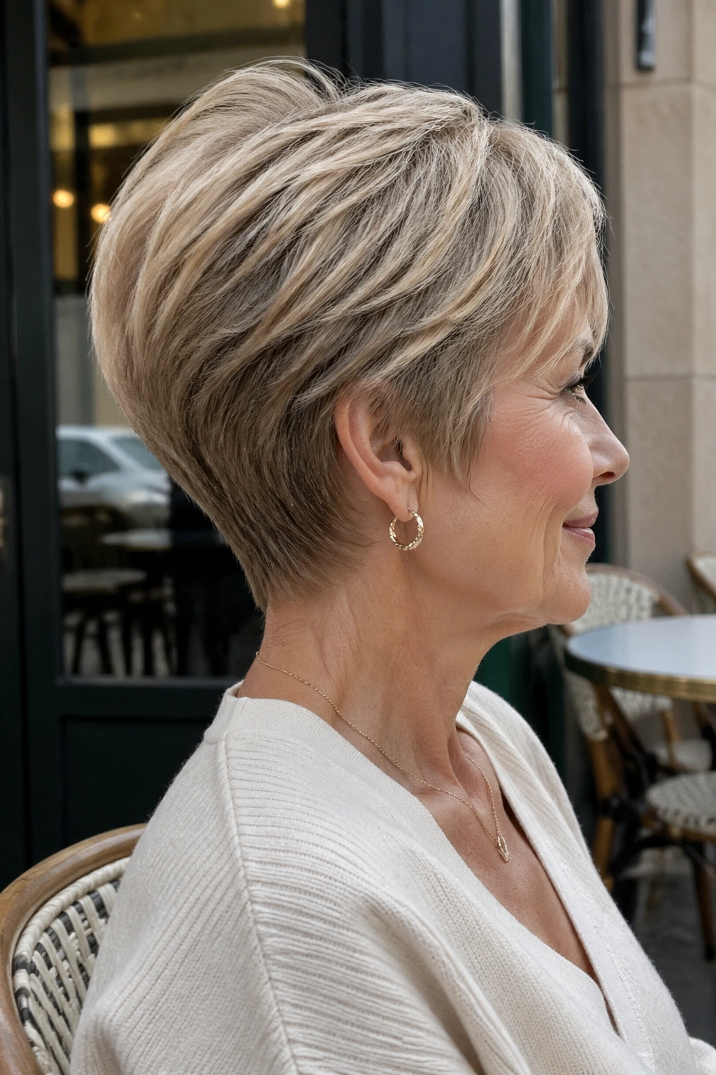 Profile view of a real woman with a modern wedge haircut.