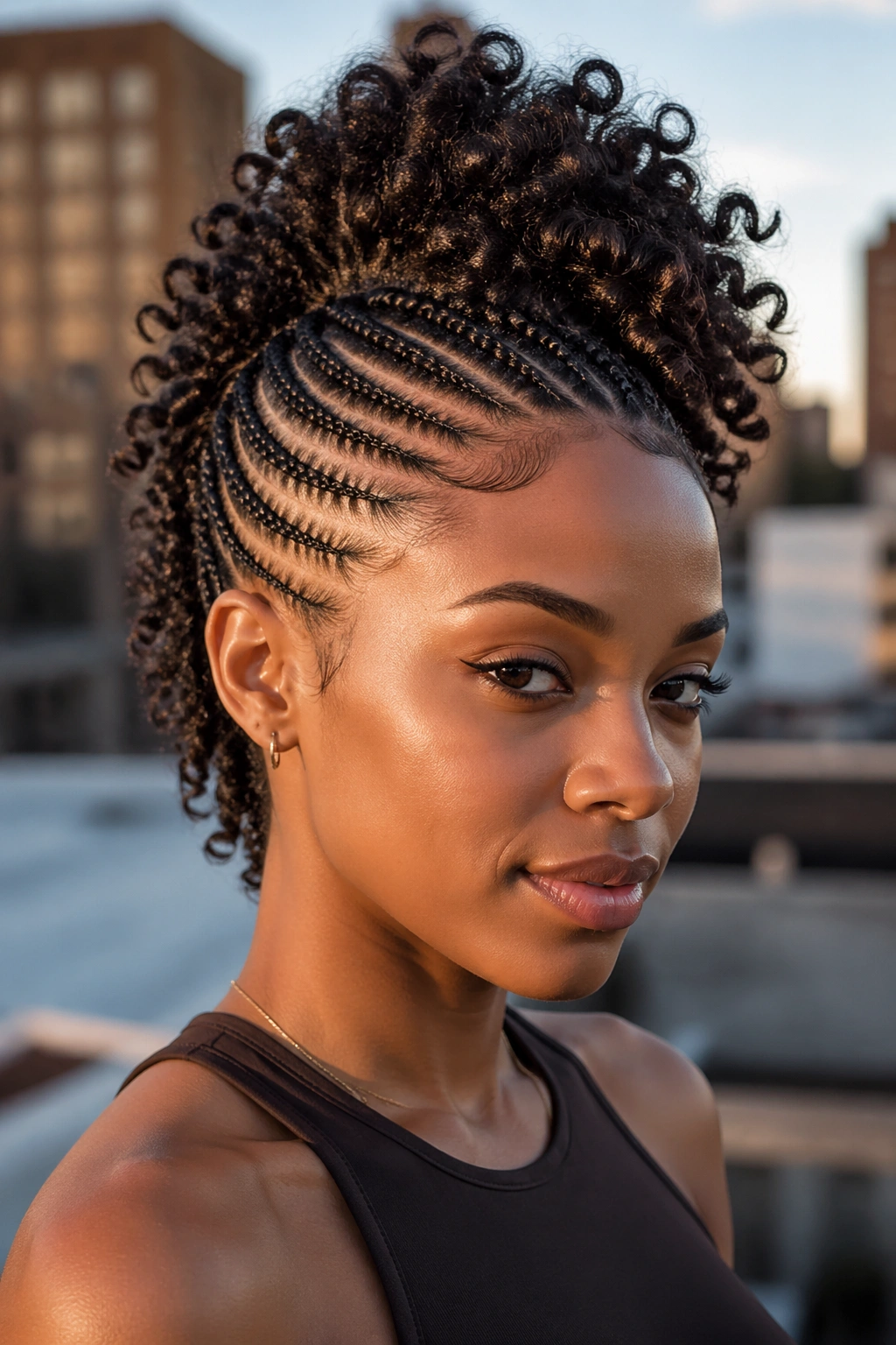 Portrait of a real person with a Mohawk-style braid combo featuring sides and a crochet middle