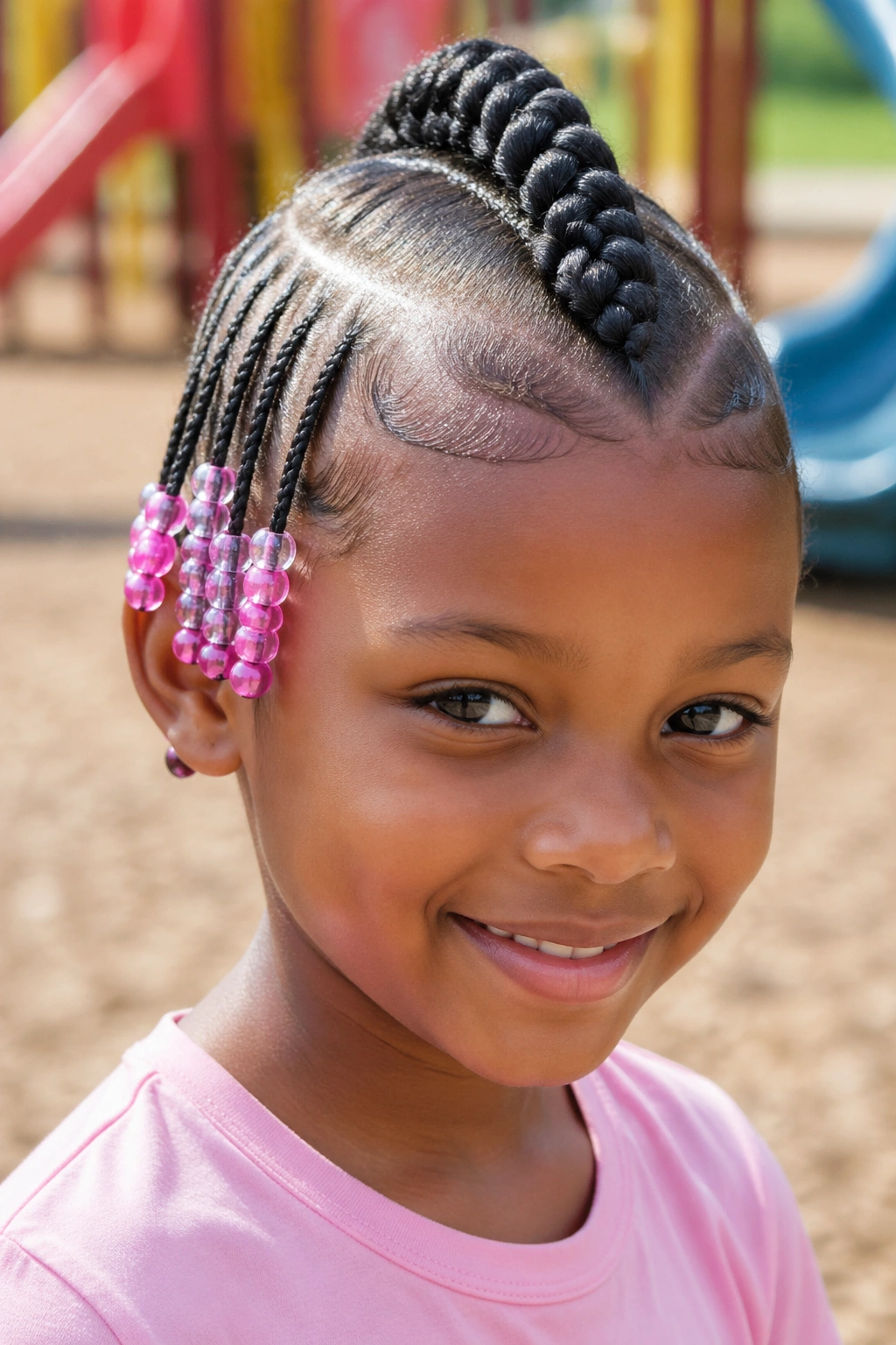 Child with a Mohawk braid and side beads in an outdoor playground.