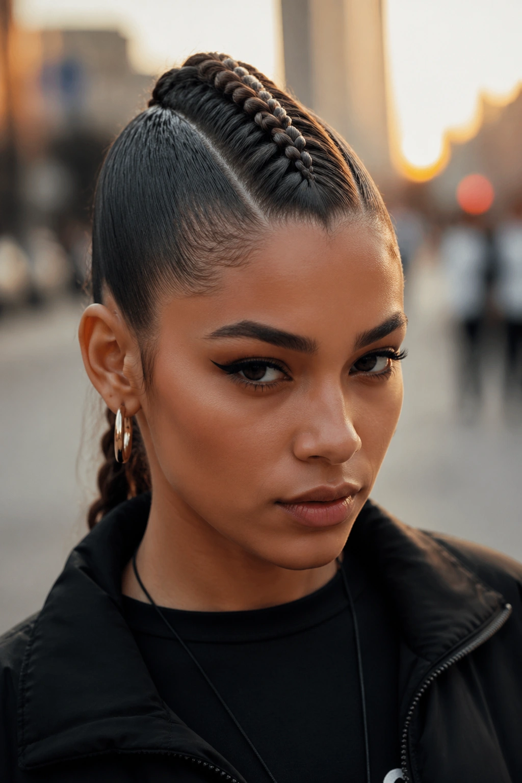 Close-up of a real person with a center mohawk braid and slicked-back sides