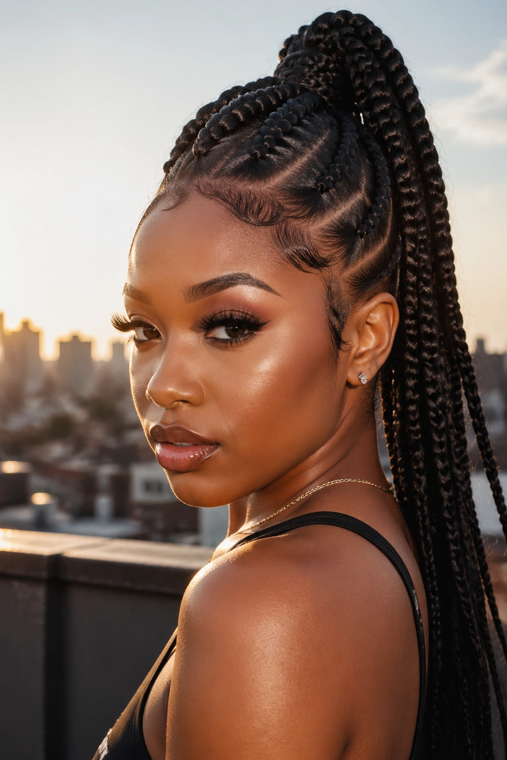 Portrait of a real person with a mohawk braid ponytail showing height and dramatic center braid