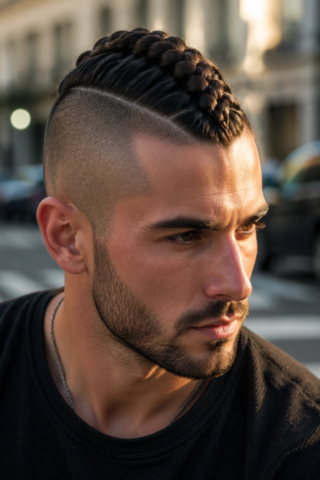 Close-up portrait of a man with a centered mohawk braid and shaved sides.