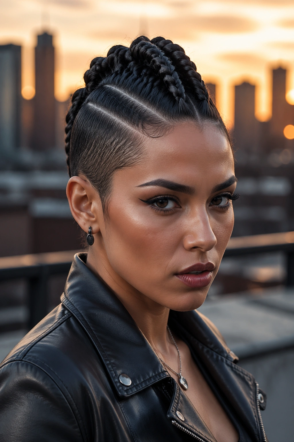 Close-up of a real woman with a central mohawk braid on a short haircut.