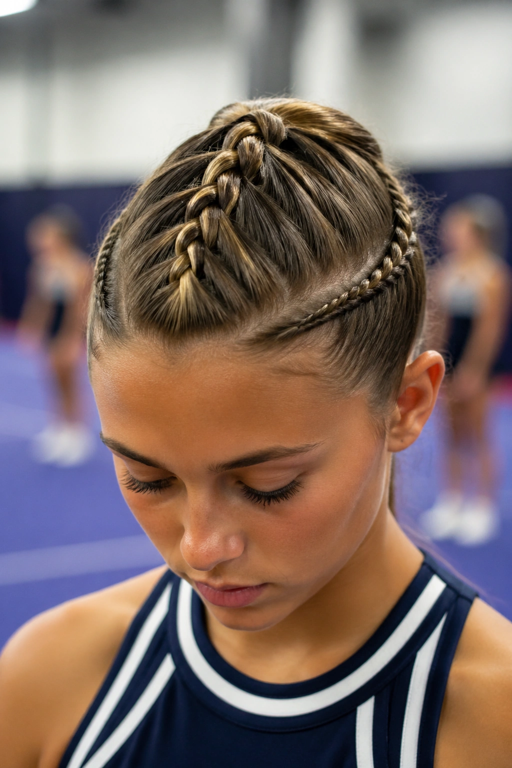 Close-up of a centered mohawk braid with side anchors on a real cheerleader in gym