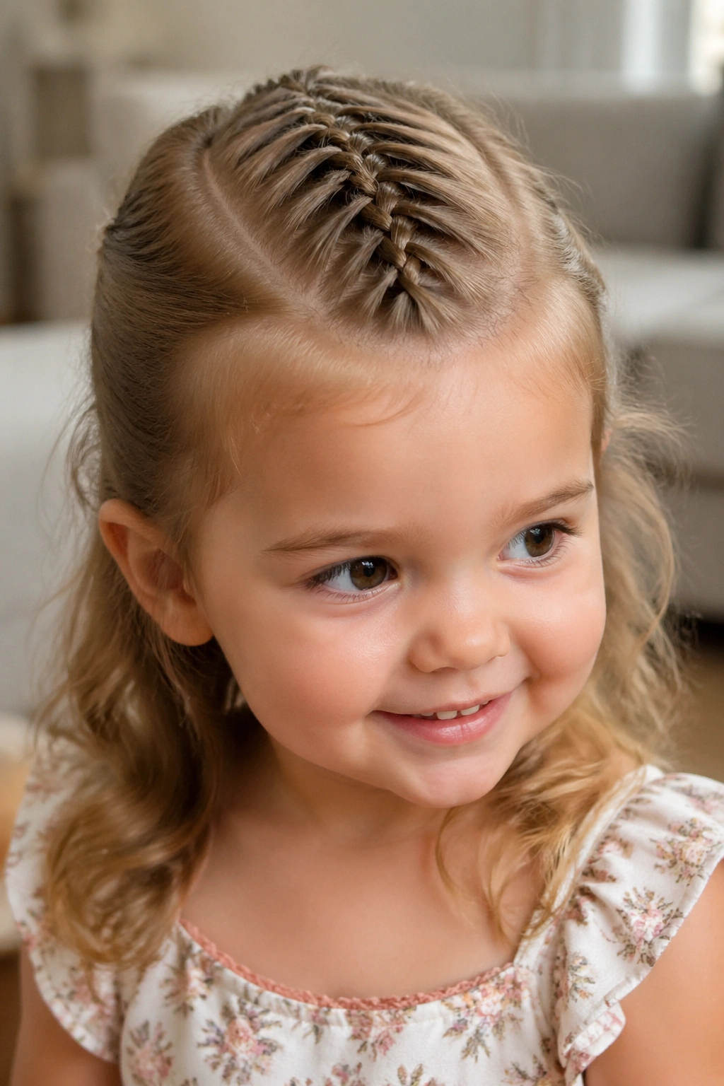 Close-up of a toddler girl with a center mohawk braid along the crown and loose sides