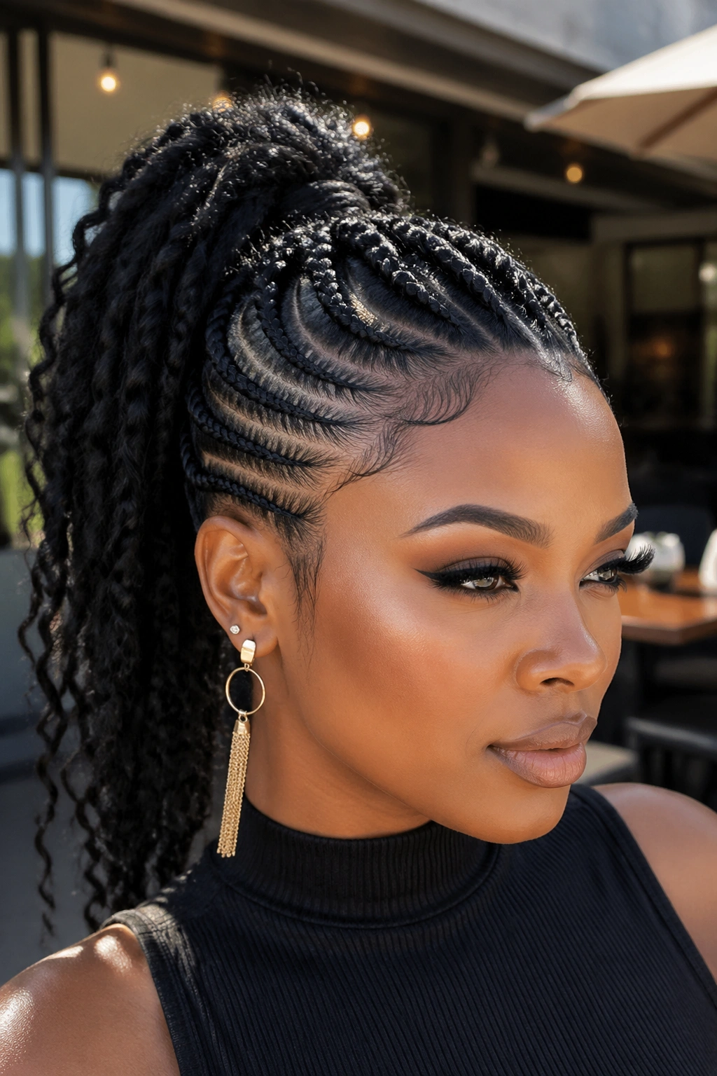 Portrait of a real woman with braided Mohawk tied into a high ponytail