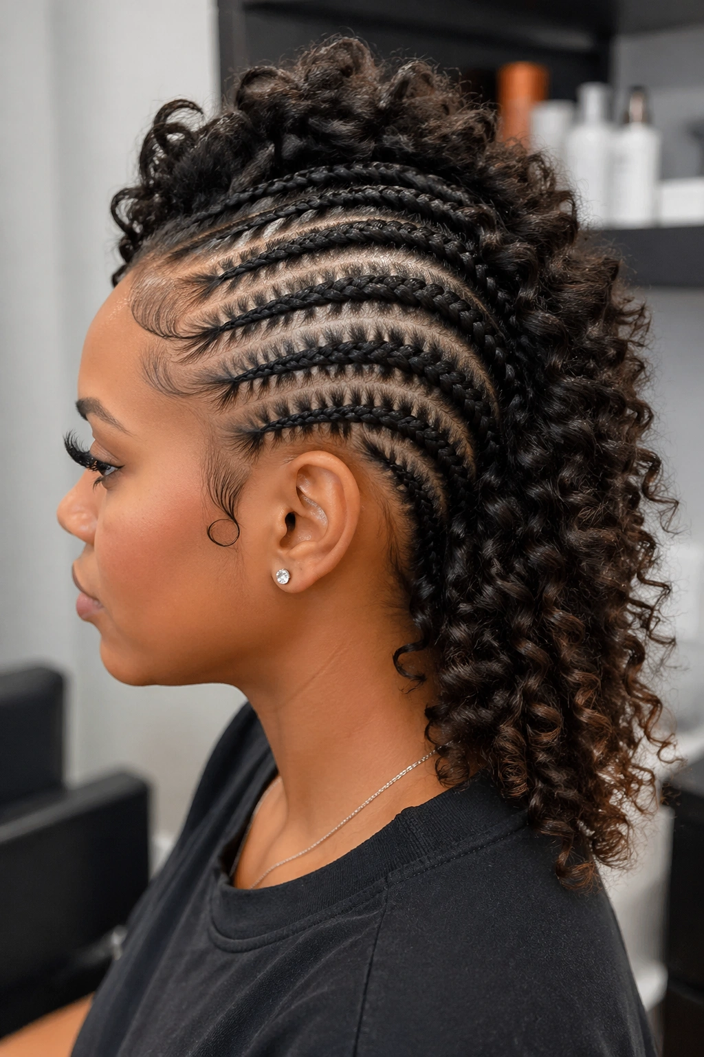 Portrait of a real woman with mohawk braids ending in curls