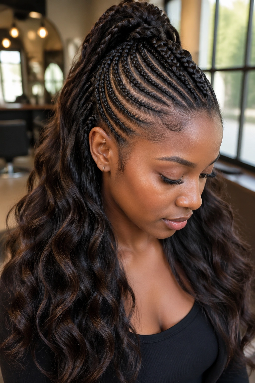 Close-up of real person with Mohawk Braids for Half-Up Sew-Ins featuring central spine and side braids