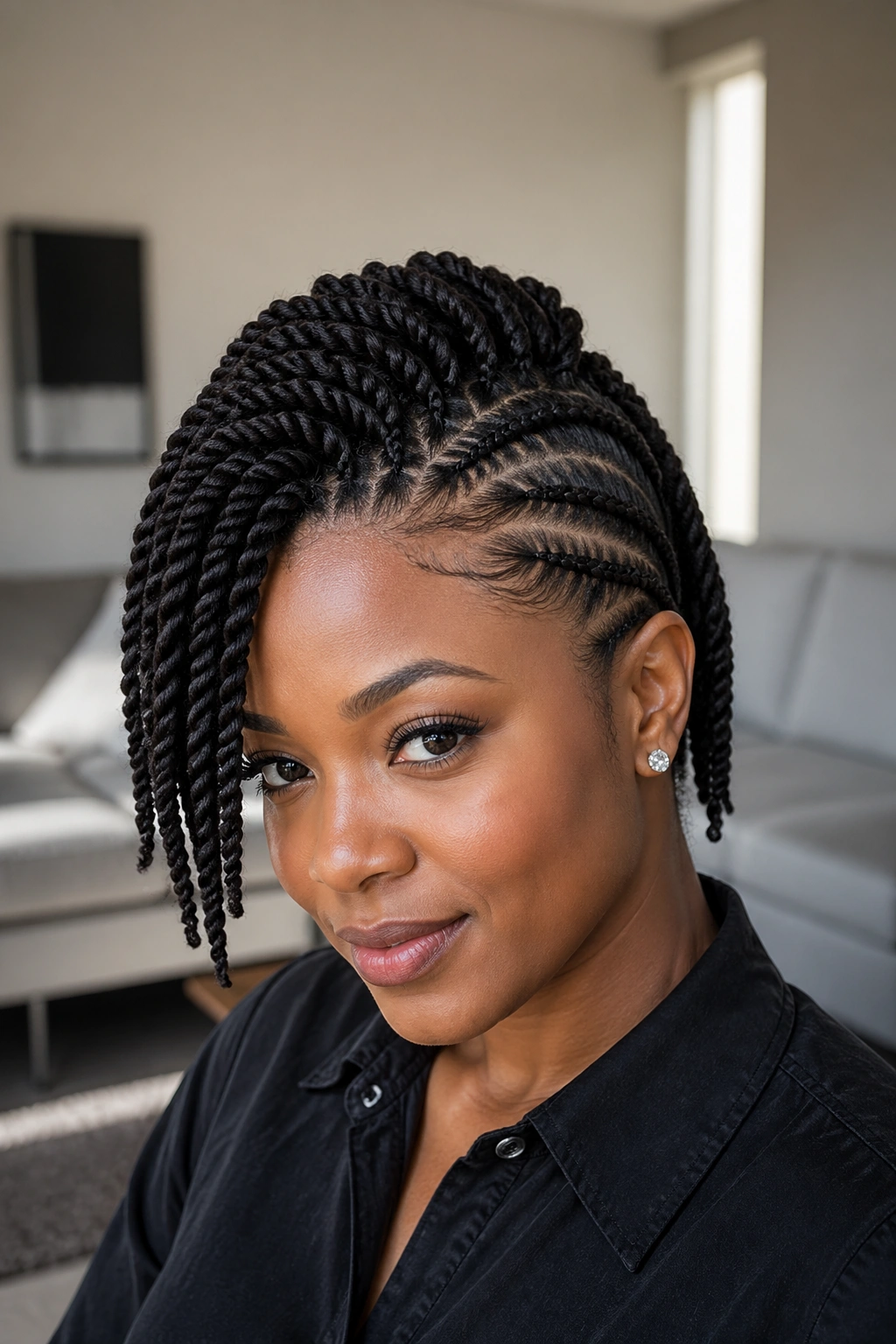 Close-up portrait of a real woman with mohawk braids ending in twisted ends.