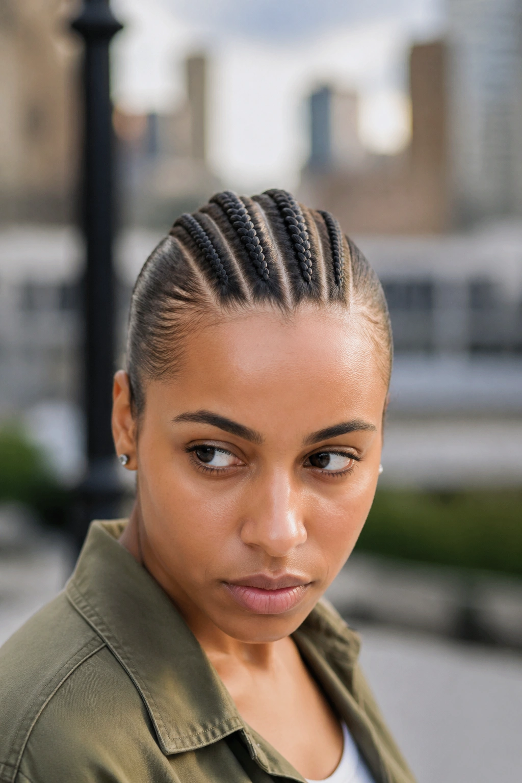 Close-up of a real person with center mohawk cornrows and slicked sides